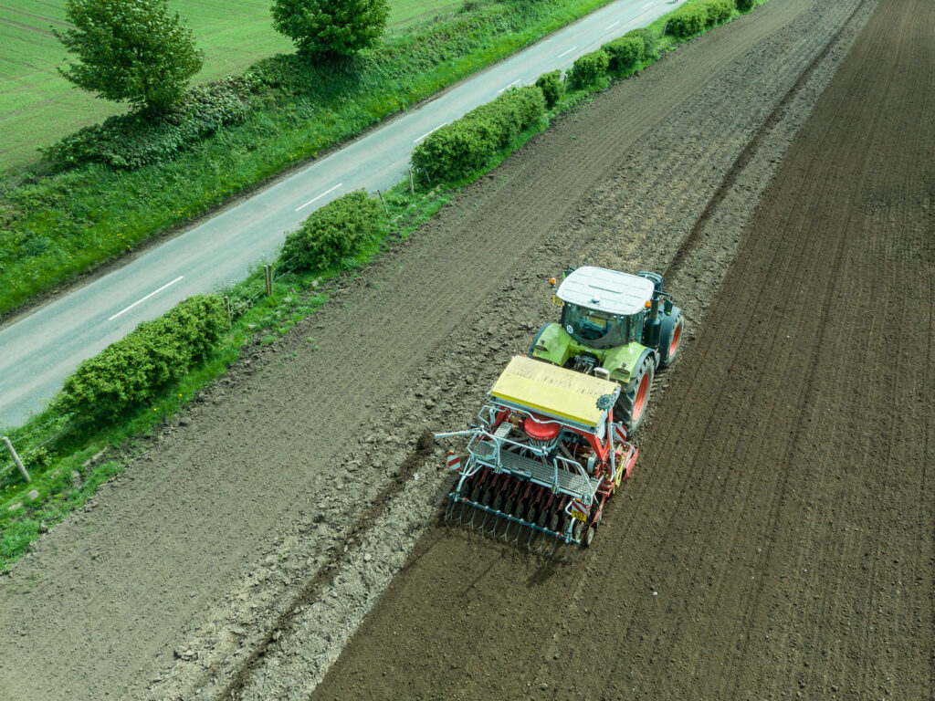 Pottinger aerosem drill planting maize and cover crop at the same time in sensitive catchment area.